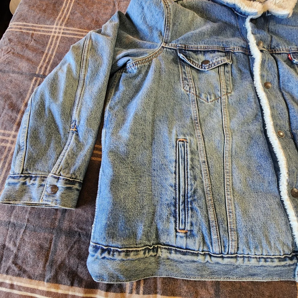 Levis Denim Jacket Adult XXL 2XL Blue Sherpa‎ Lined Trucker Red Tab Fleece Men